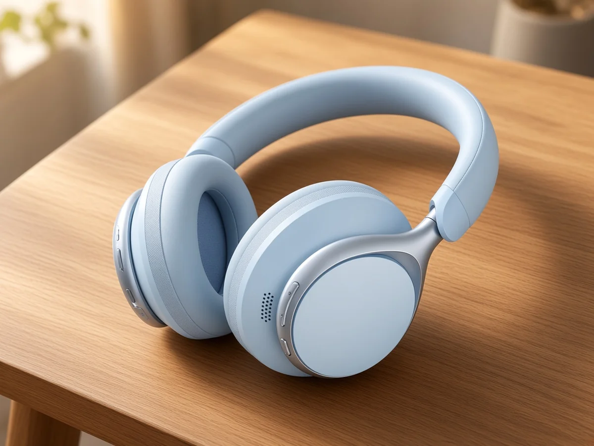 Soundcore Space One headphones on a warm oak desk