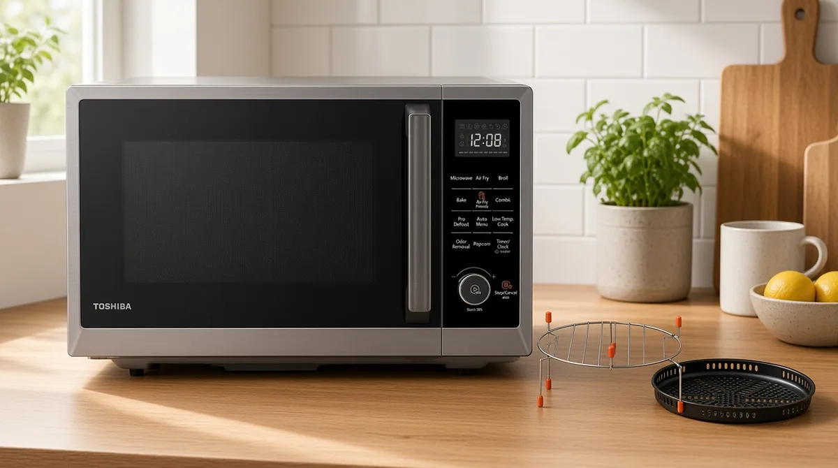 Toshiba air fryer combo microwave in a small apartment kitchen
