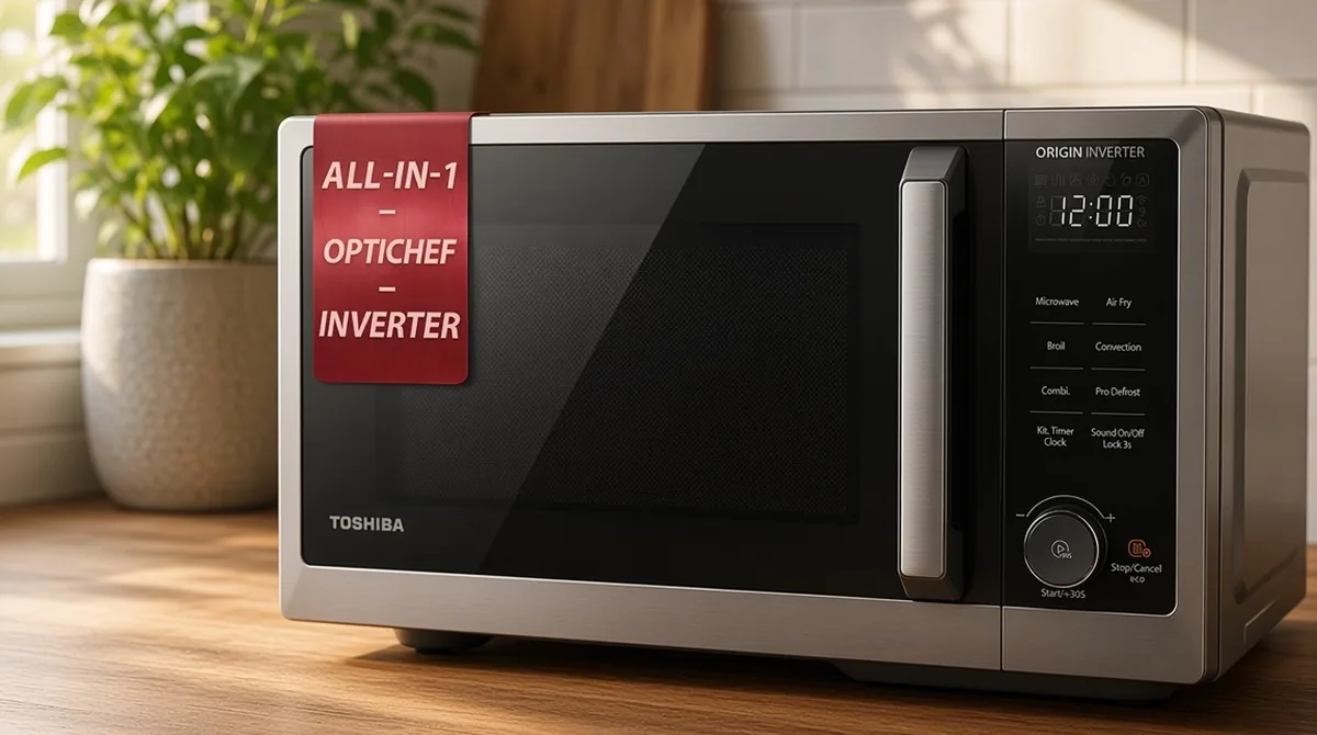 Toshiba OptiChef combo microwave on a warm kitchen counter