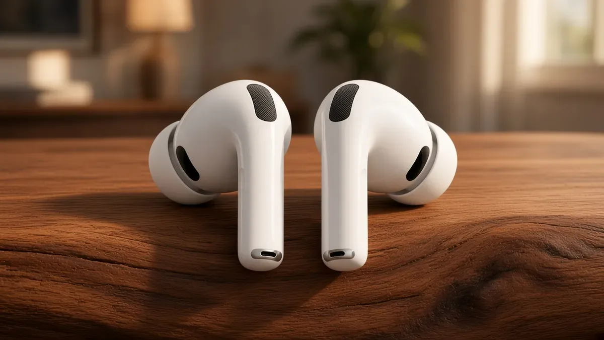 Open white charging case with two short-stem earbuds and soft foam tips on a walnut sideboard.