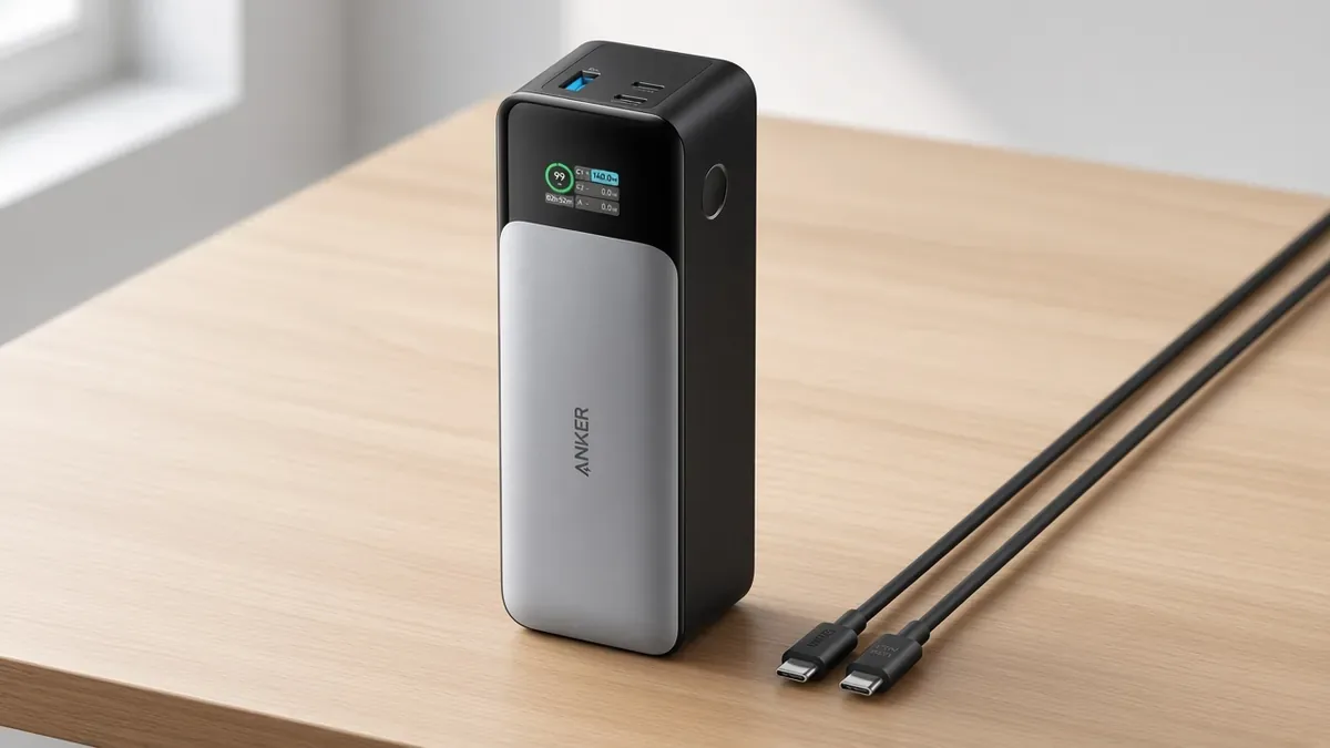 Thick rectangular power bank with a small front display and USB ports on a white oak desk.