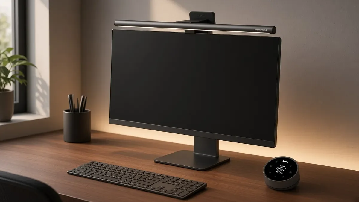 Monitor light bar on top of a screen, with a small wireless remote on the desk and a soft backlight behind the display.