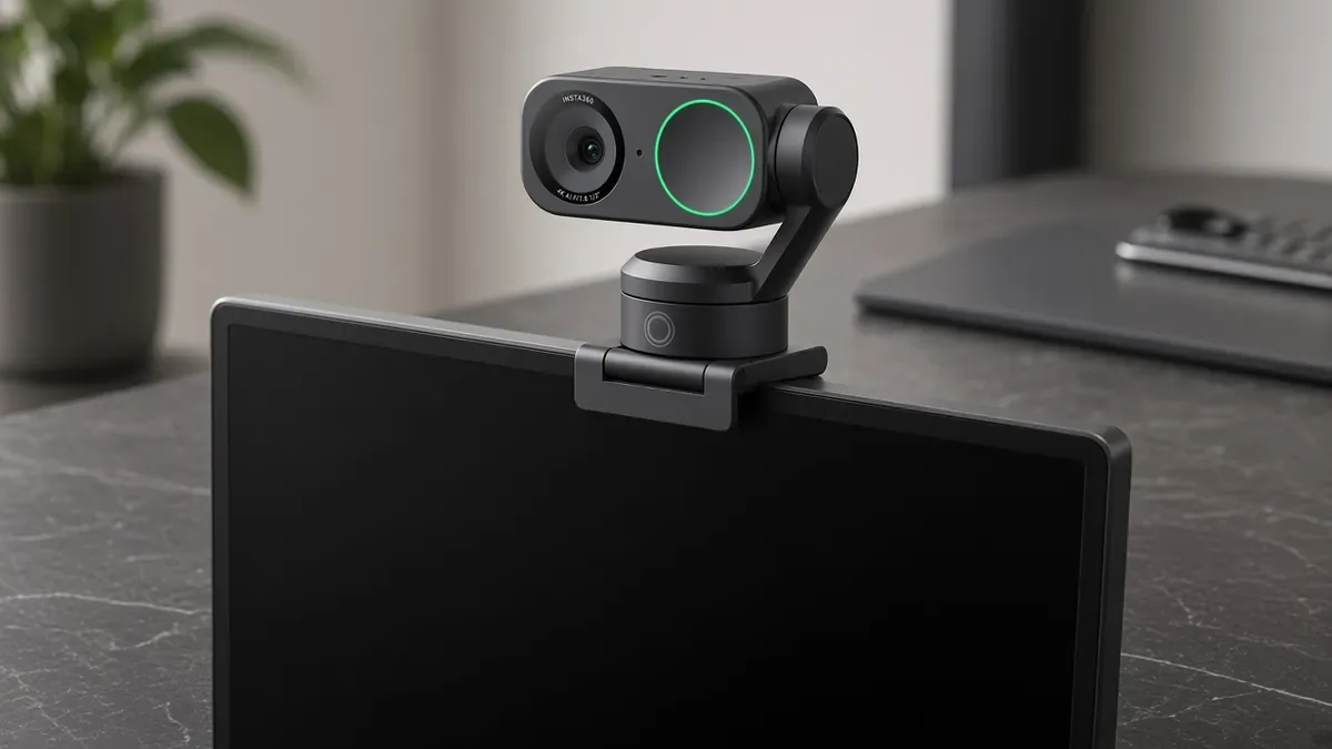 Compact webcam on a magnetic monitor mount, lens tilted down, on a dark desk.