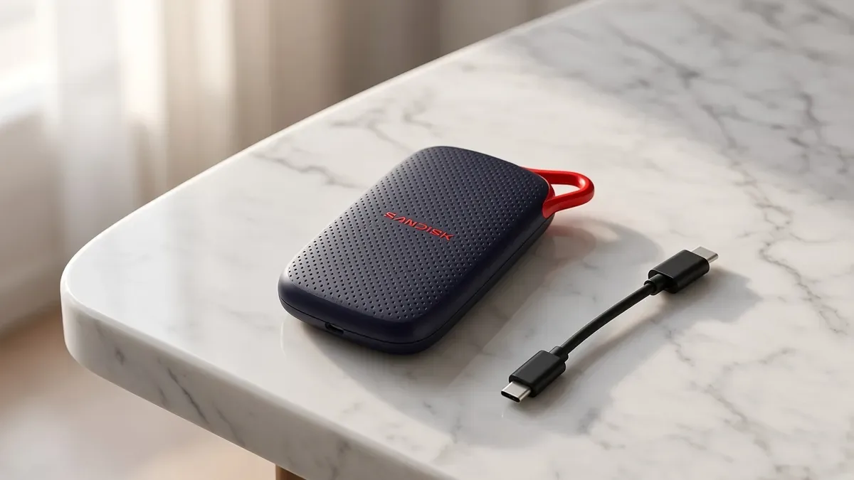 Pocket-size portable SSD with a short USB-C cable on a marble table.